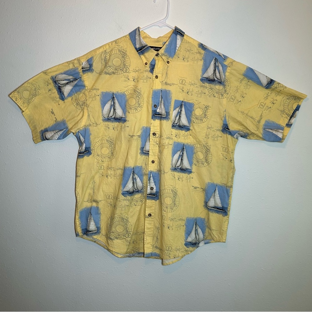 VTG Puritan Men’s XL 46/48 Nautical Button Down Yellow Sailboat Travel Tropical